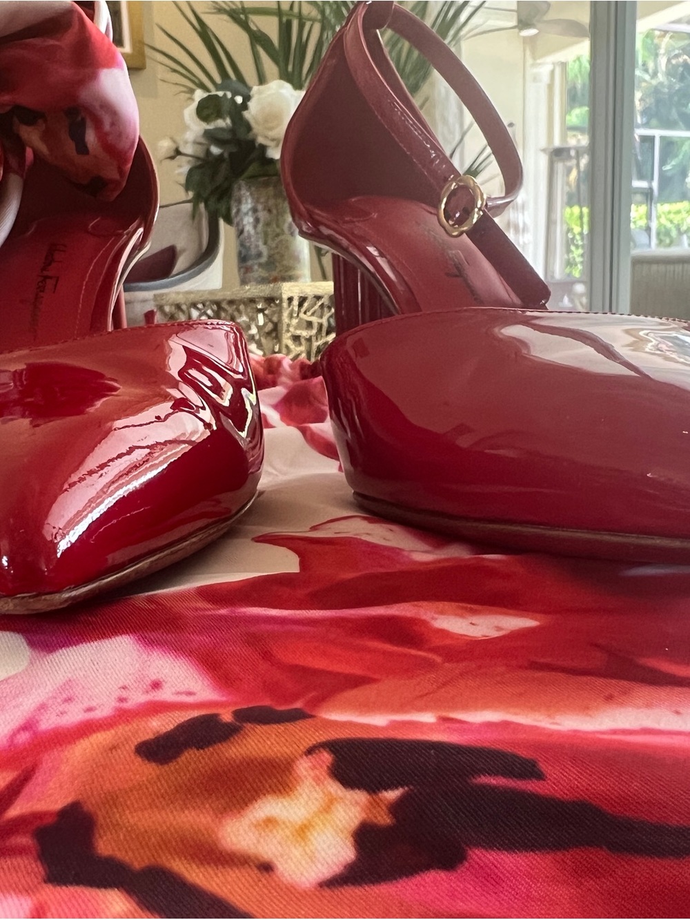 Salvatore Ferragamo Red Patent Pointed-Toe Slingback Pumps with Ankle Tie - Picture 10 of 10